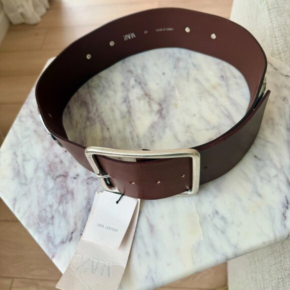 🌼 ZARA Wide Leather Floral Belt Brown Silver Metal Daisies 80 - Picture 5 of 14